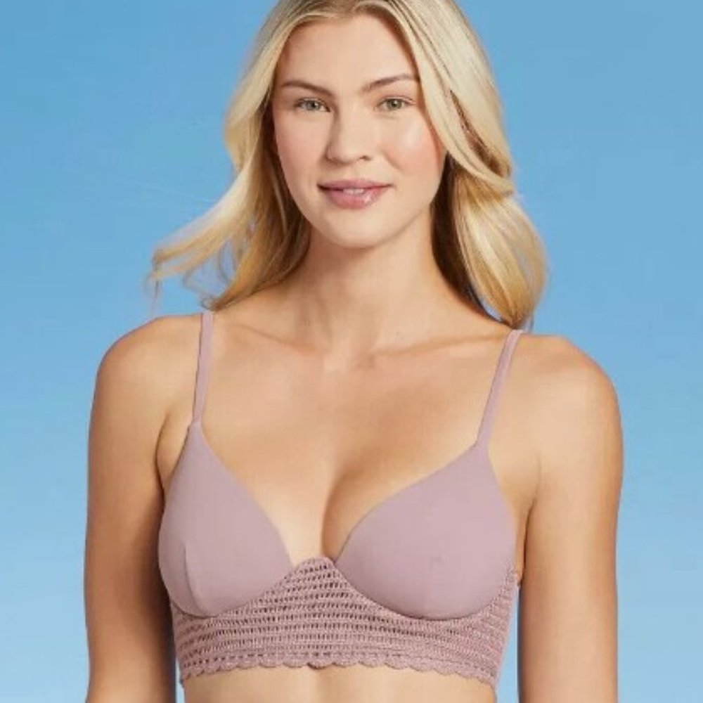 Mauve Crochet Front Detail Underwire Support with Crisscross Tie Back Bikini Top